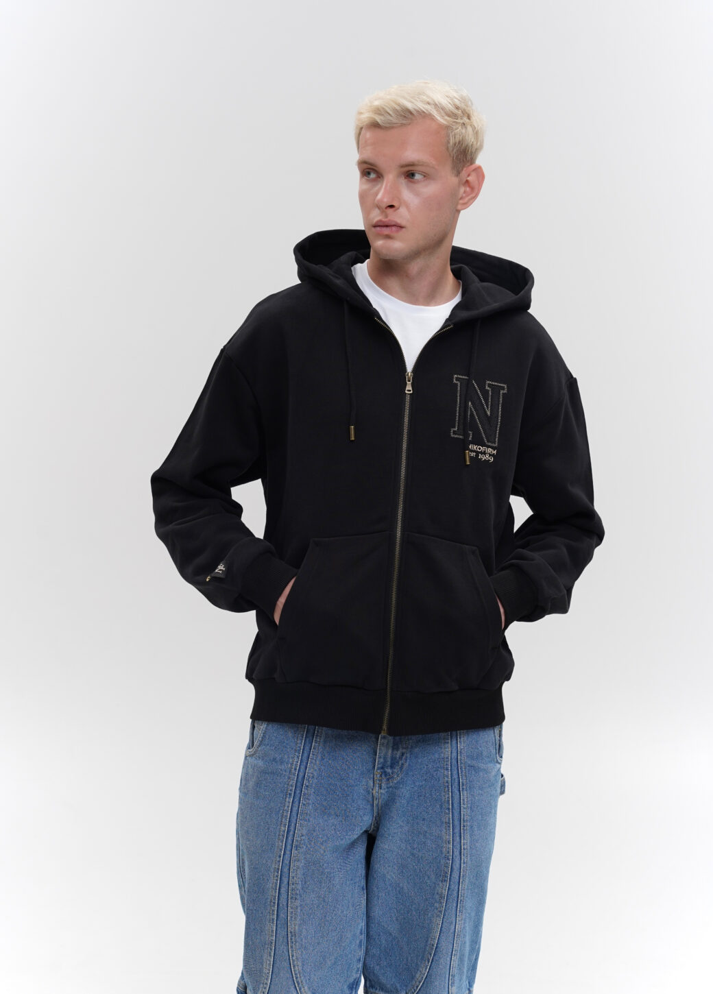 Black zip hoodie with embroidery